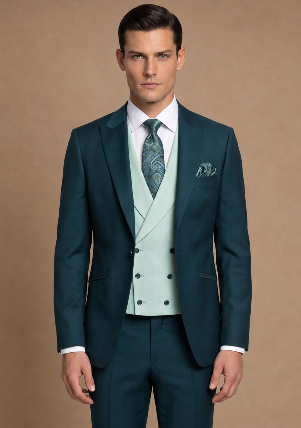 Modelo con traje verde Elsa Cali y chaleco verde claro