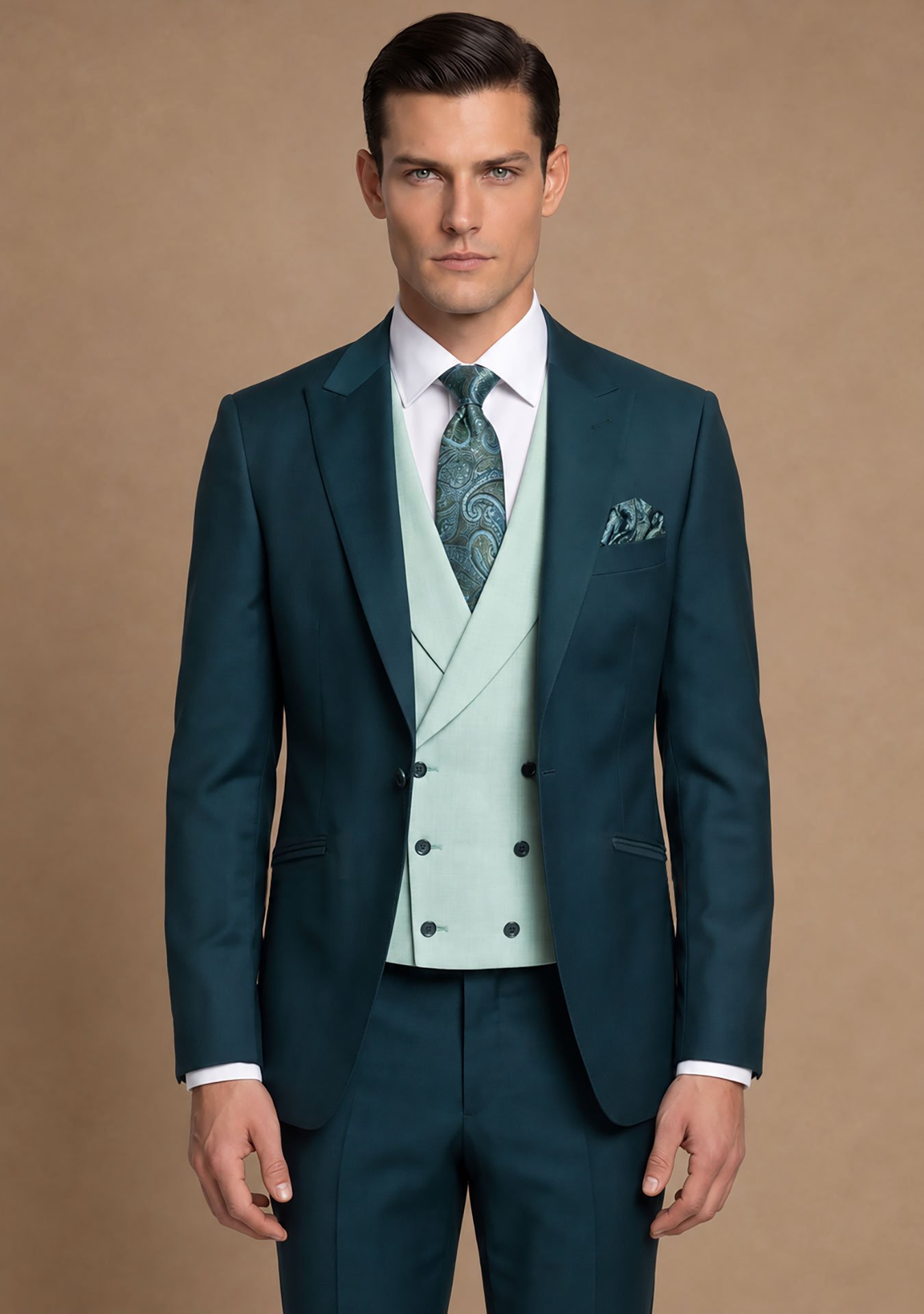 Modelo con traje verde Elsa Cali y chaleco verde claro